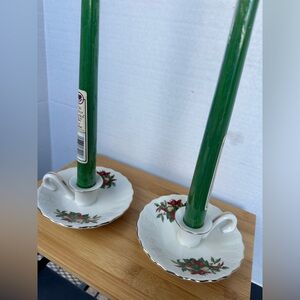 Vintage Christmas Floral Taper Candle Holders Gold Trim AMC. NY.NY JAPAN. MCM